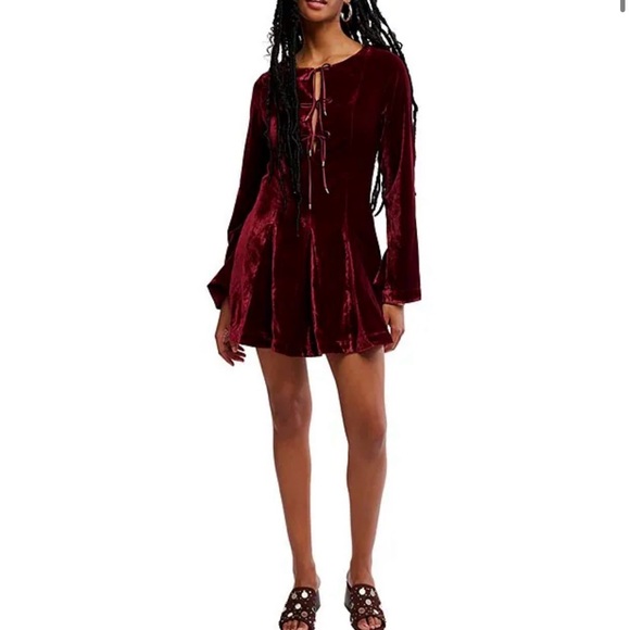 Free People Linney Velvet Mini Dress Cabernet Burgundy Lace Up Boho Size 2 NWOT - Picture 2 of 10
